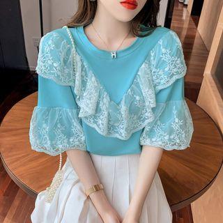 Puff-sleeve Lace Panel T-shirt