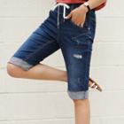 Drawstring-waist Cuff-hem Cropped Jeans