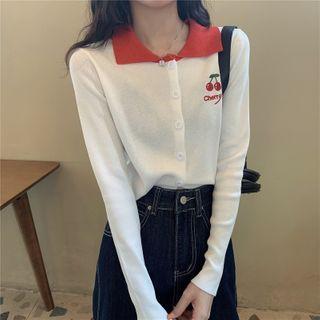 Contrast Collar Long Sleeve Cherry Embroidered Cropped Cardigan
