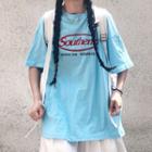 Elbow-sleeve Letter Print T-shirt Blue - One Size