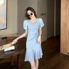 Puff-sleeve Two-tone Floral Dress
