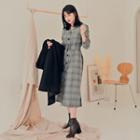 [lovb] Belted Buttoned Long Plaid Dress