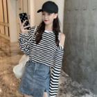 Long-sleeve Cold Shoulder Striped T-shirt As Shown In Figure - One Size
