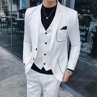 Suit Set: Contrast-trim Blazer + Vest + Dress Pants