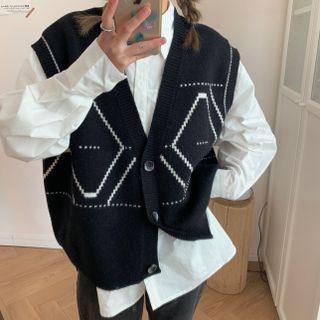 Plain Shirt / Patterned Button-up Sweater Vest