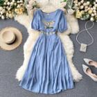 Square-neck Embroidered Short-sleeve Dress