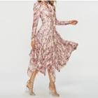 Flower Print Irregular Hem Long-sleeve Midi A-line Dress