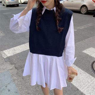 Tie-back Knit Vest / Long-sleeve Mini Collared Dress