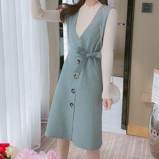 Mock-neck Long-sleeve Knit Top / Single-breasted Knit Jumper Dress / Set