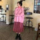 Round-neck Loose-fit Sweater/ Turtle-neck Top / Ruched Midi Skirt