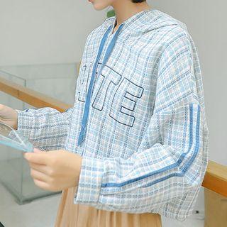 Plaid Lettering Hoodie Light Blue - One Size