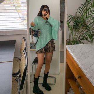 V-neck Asymmetric-hem Oversized Sweater