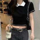 Short-sleeve Polo Collar Cropped Top Black - One Size