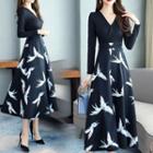 Long-sleeve Pried A-line Midi Dress