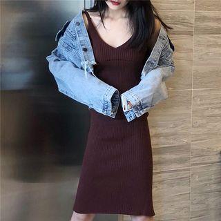 Denim Jacket / Spaghetti Strap Knitted Dress