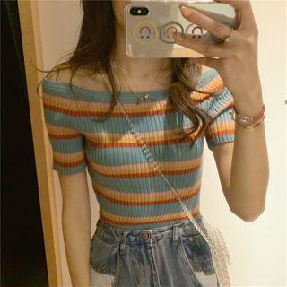Short-sleeve Off-shoulder Rainbow Knit Top As Shown In Figure - One Size