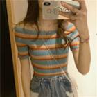 Short-sleeve Off-shoulder Rainbow Knit Top As Shown In Figure - One Size