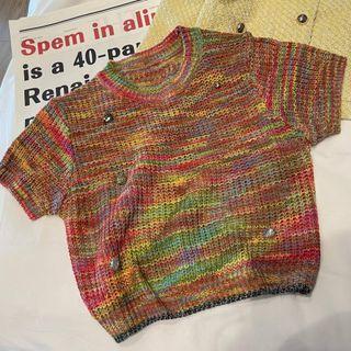 Short-sleeve Printed Knit Top Red & Yellow & Green - One Size