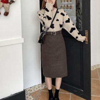Heart Print Sweater / Plain Midi Skirt / Set
