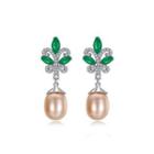 Sterling Silver Fashion And Elegant Butterfly Pink Freshwater Pearl Earrings With Cubic Zirconia Silver - One Size