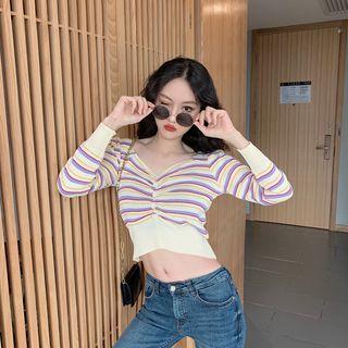 V-neck Knit Top Stripes - Mutlicolor - One Size