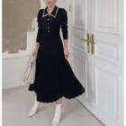 Piped-collar Pleated Long Knit Dress