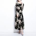 Long-sleeve Floral Print Midi A-line Lace Dress