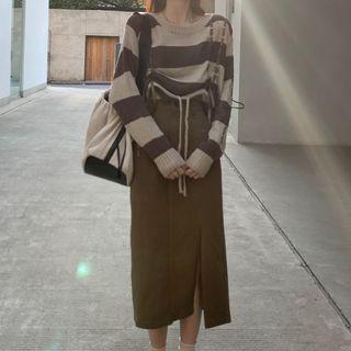 Slit Midi Pencil Skirt / Drawstring Striped Sweater