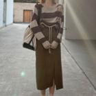Slit Midi Pencil Skirt / Drawstring Striped Sweater