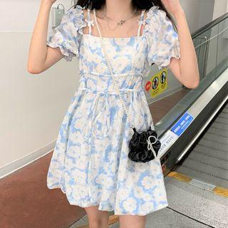 Puff-sleeve Floral Mini A-line Dress Sky Blue - One Size