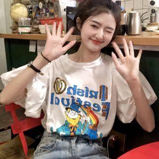 Puff-sleeve Lettering Printed T-shirt