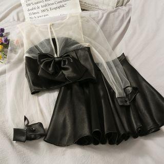 Set: Patchwork Ribbon-back Crop Top + High-waist Skort