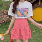 Flower Print Short-sleeve T-shirt / Ruffle Hem Mini A-line Skirt