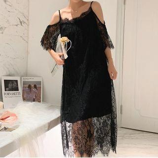 Elbow-sleeve Cold-shoulder Lace Sleep Dress