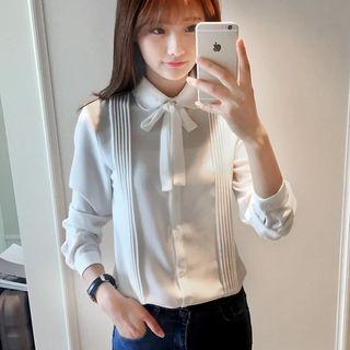 Pintuck Ribbon Long-sleeve Chiffon Blouse