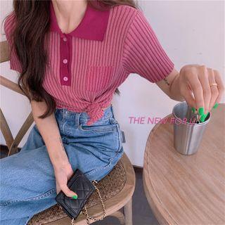 Striped Polo-neck Short-sleeve Knit Top