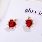 Rhinestone Heart Earring Clip On Earring - Red & Gold - One Size