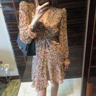 Floral Print Ruched Long-sleeve Mini A-line Dress
