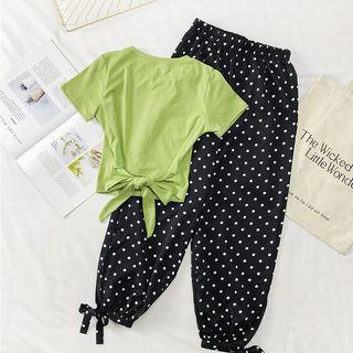 Set: Ribbon-back Crop T-shirt + Tie-hem Harem Pants