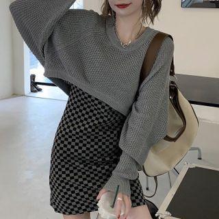 Crop Sweater / Spaghetti Strap Checker Print A-line Dress