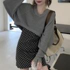 Crop Sweater / Spaghetti Strap Checker Print A-line Dress