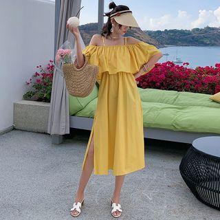 Plain Off-shoulder Ruffle Trim Dress