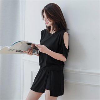 Cutaway-shoulder Band-waist Playsuit