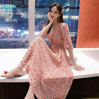 Cherry Elbow-sleeve Midi Dress