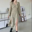 Long-sleeve V-neck Ruffle Slit Leopard Print Maxi Dress