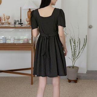 Square-neck Tie-waist Crinkled Dress