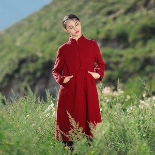 Mandarin Collar Knot Button Padded Long Coat