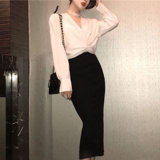 V-neck Twisted Blouse / Knit Midi Pencil Skirt