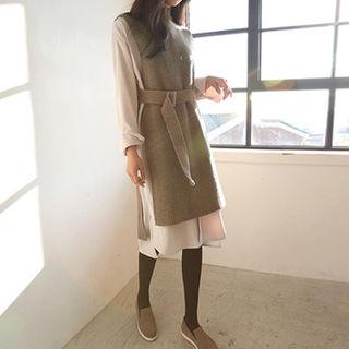 Wool Blend Long Knit Vest With Belt