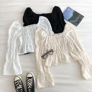 Plain Square-neck Flare-sleeve Slim-fit Blouse